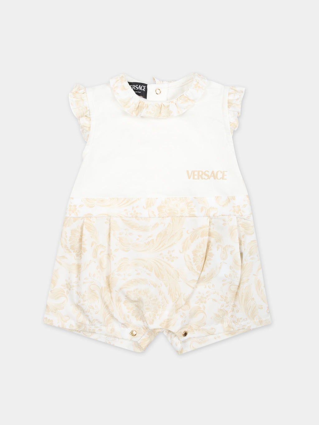 Beige romper for babies with baroque print
